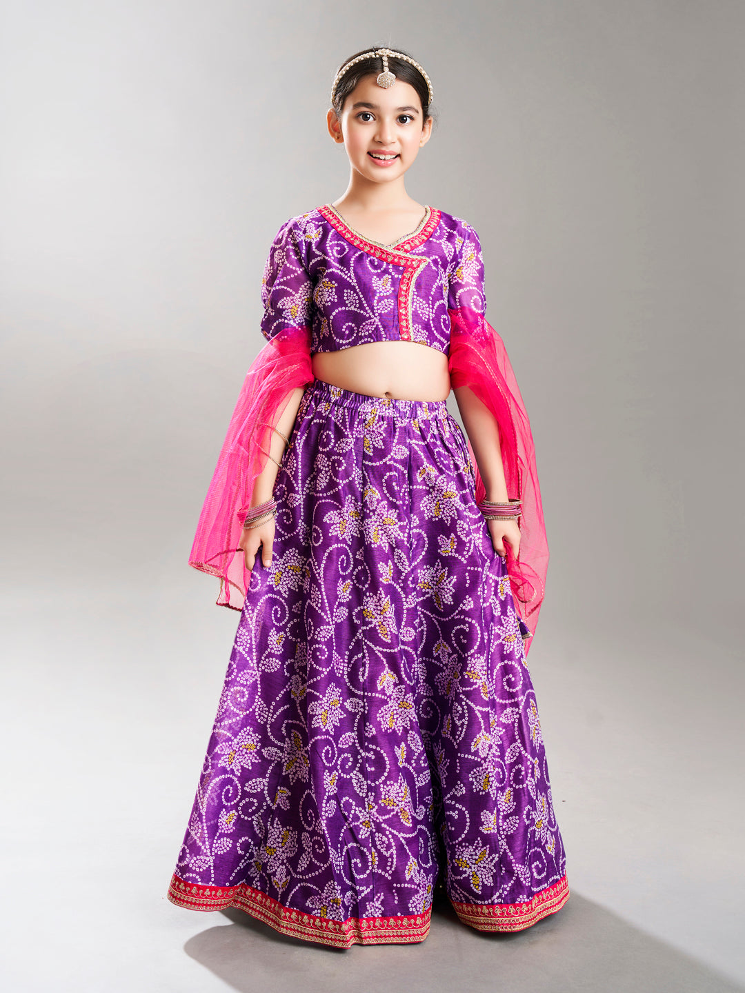 girls purple pink bandhej digital print ready to wear lehenga with choli