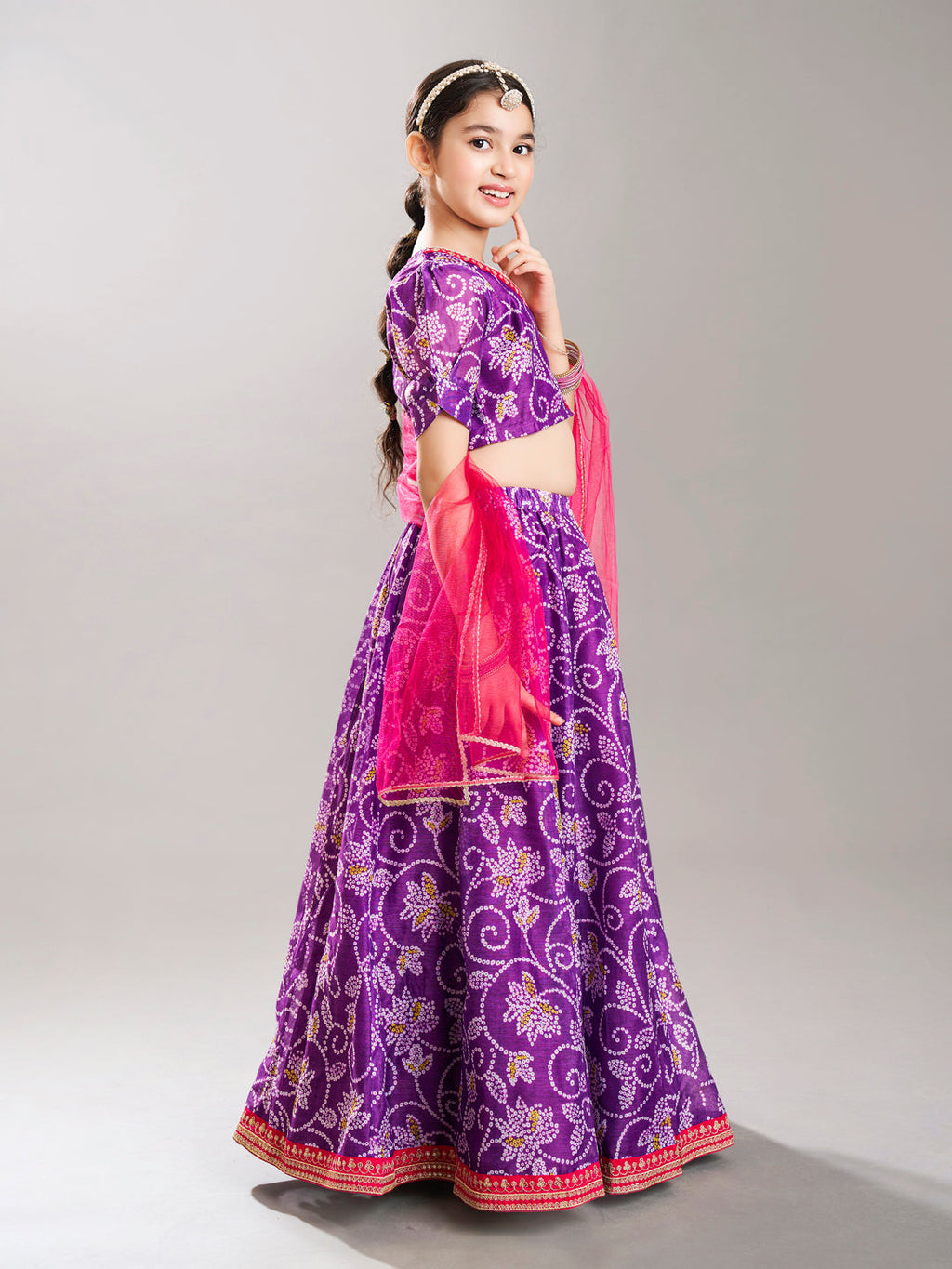 girls purple pink bandhej digital print ready to wear lehenga with choli