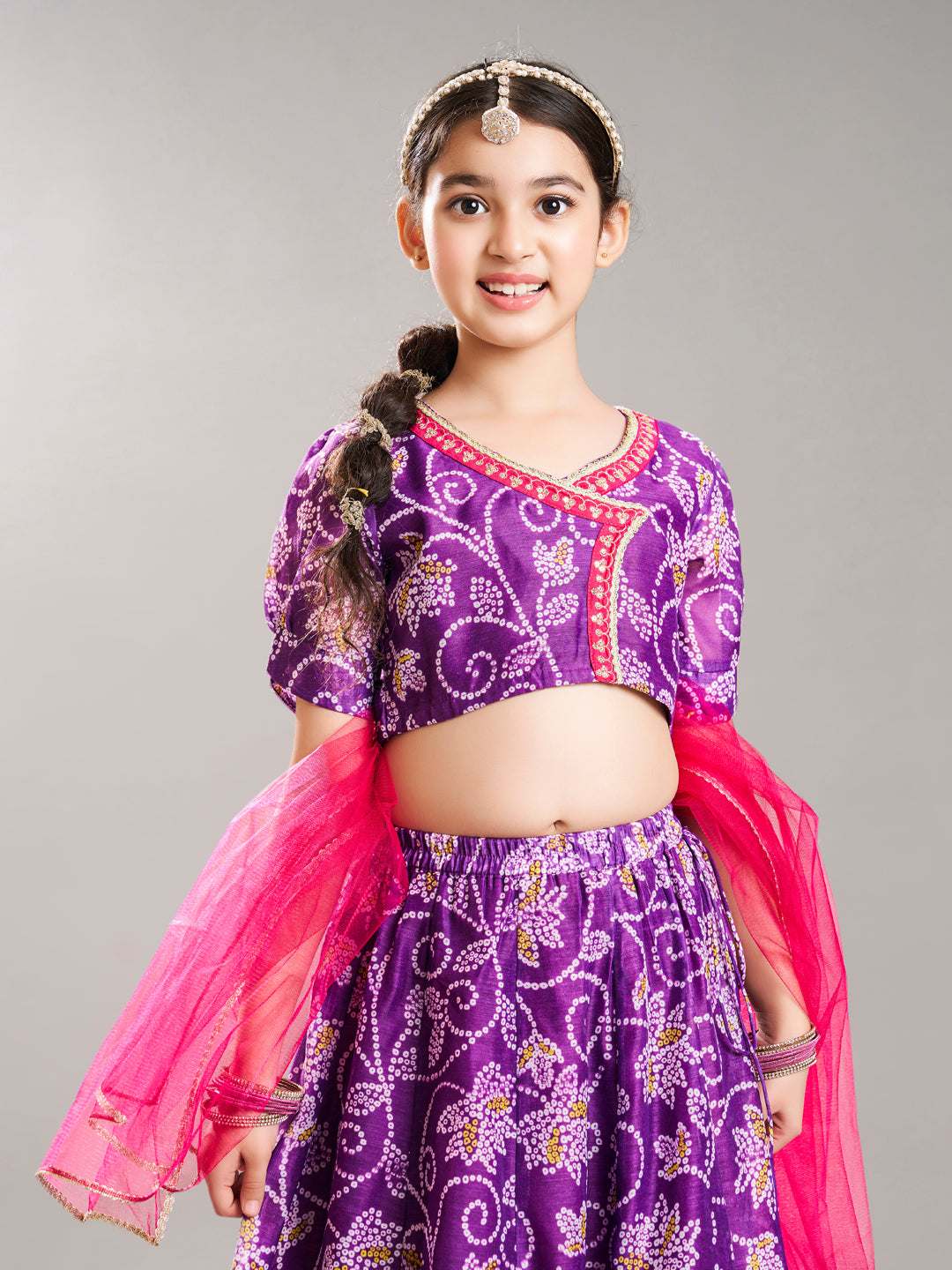 girls purple pink bandhej digital print ready to wear lehenga with choli
