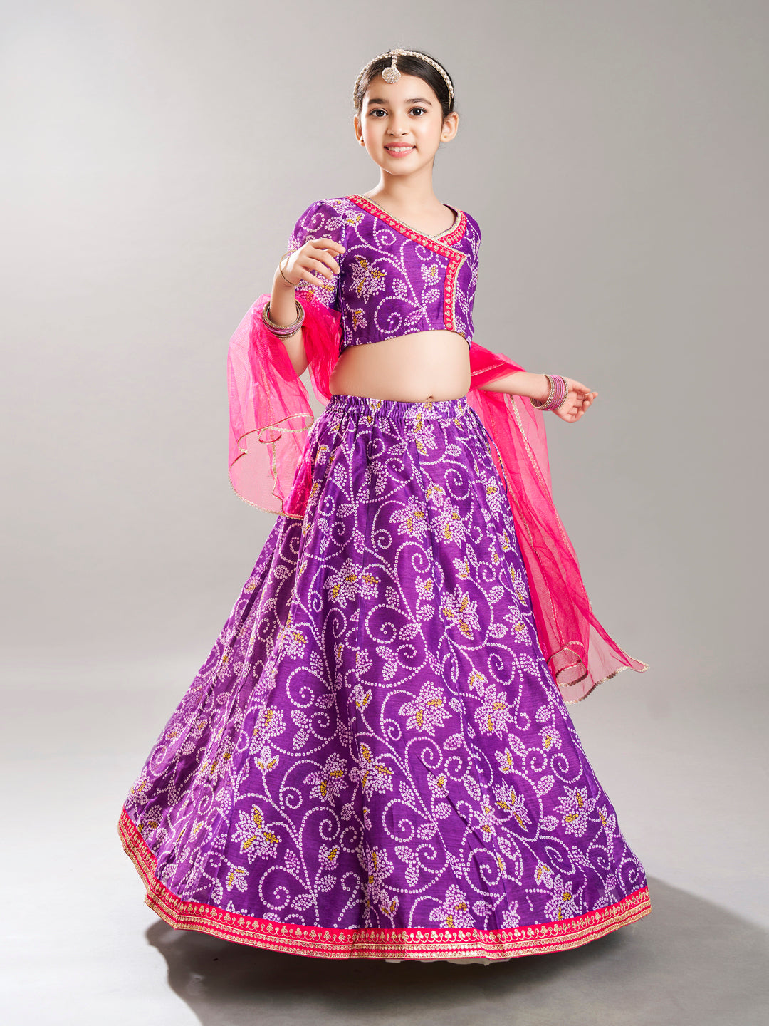 girls purple pink bandhej digital print ready to wear lehenga with choli