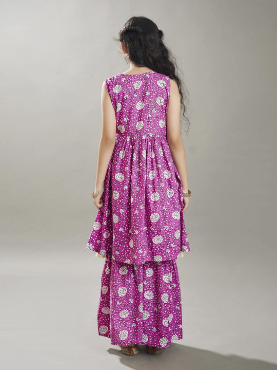 girls purple angrakha gotta patti kurta with sharara
