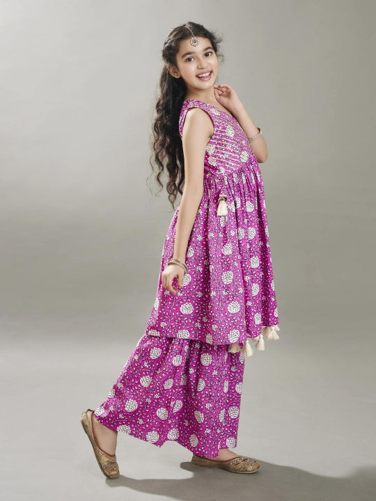 girls purple angrakha gotta patti kurta with sharara