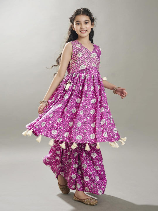 girls purple angrakha gotta patti kurta with sharara