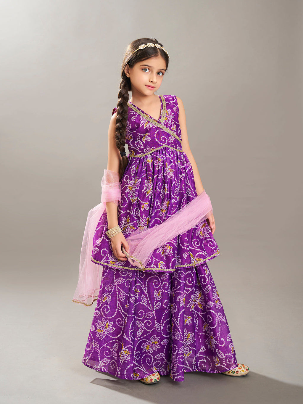 girls purple angrakha gotta patti kurta with sharara with dupatta