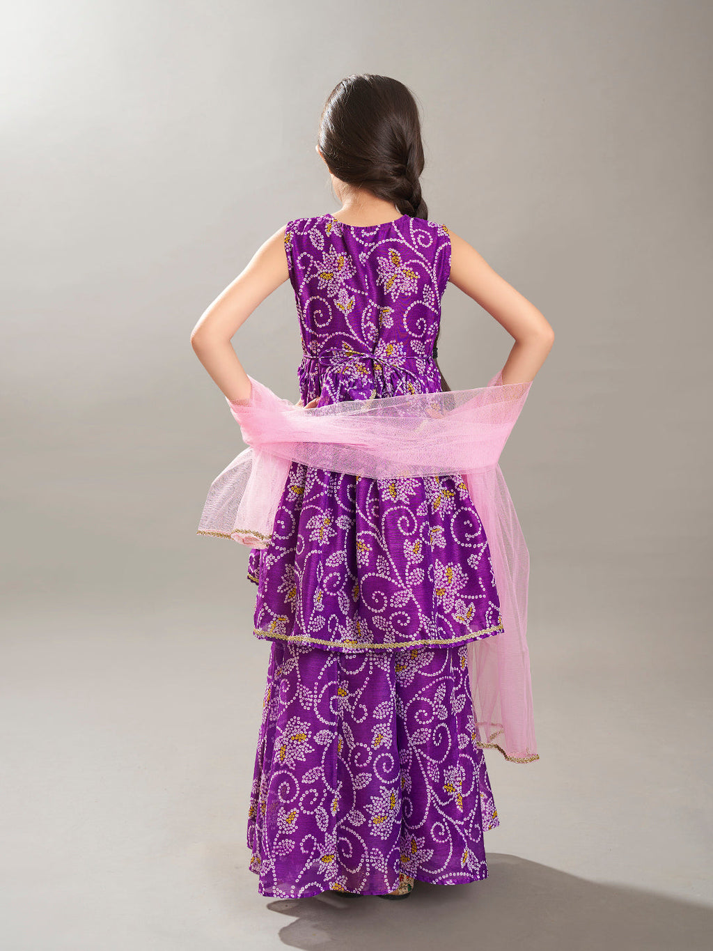 girls purple angrakha gotta patti kurta with sharara with dupatta