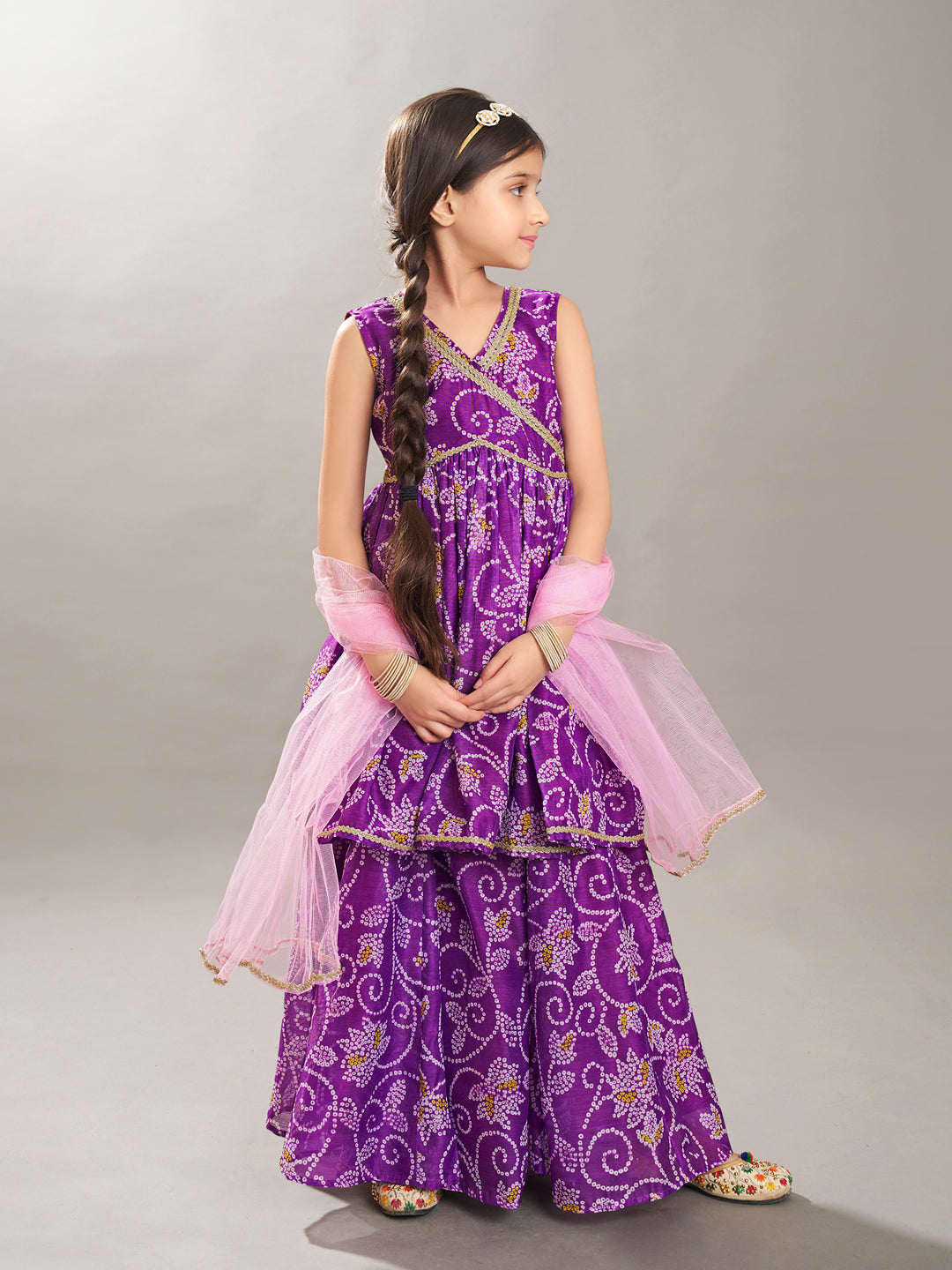 girls purple angrakha gotta patti kurta with sharara with dupatta