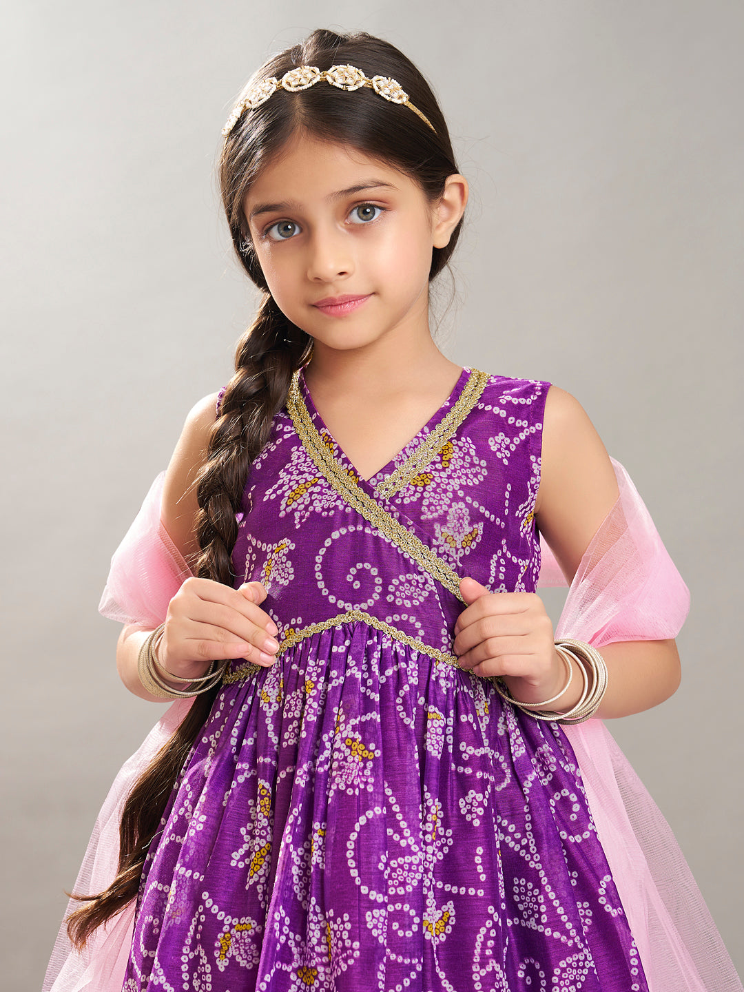 girls purple angrakha gotta patti kurta with sharara with dupatta