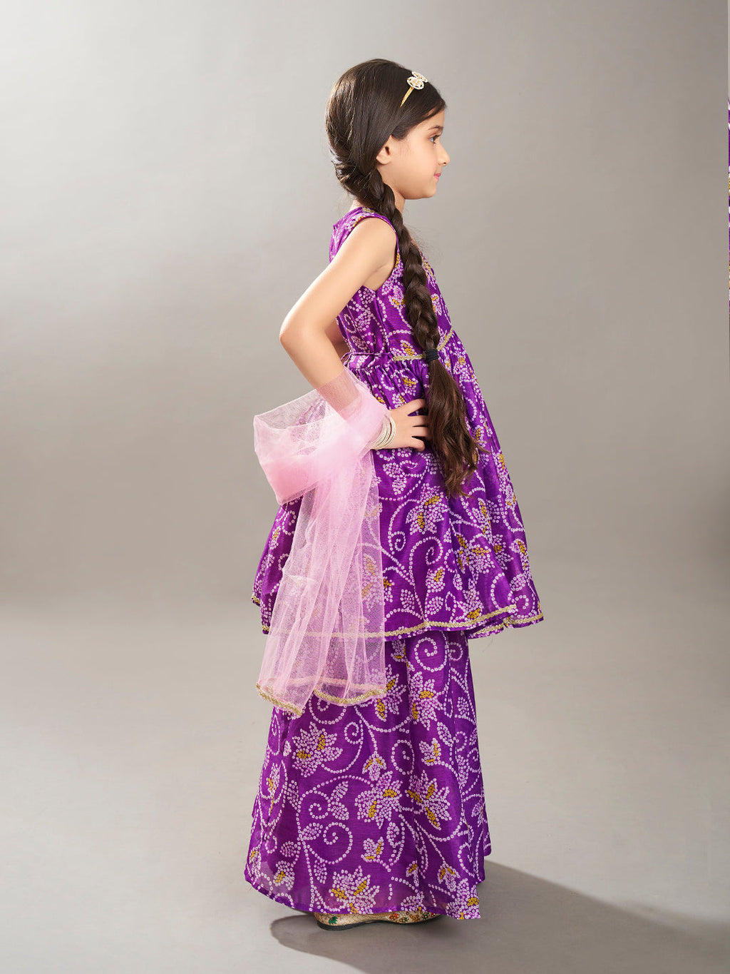 girls purple angrakha gotta patti kurta with sharara with dupatta