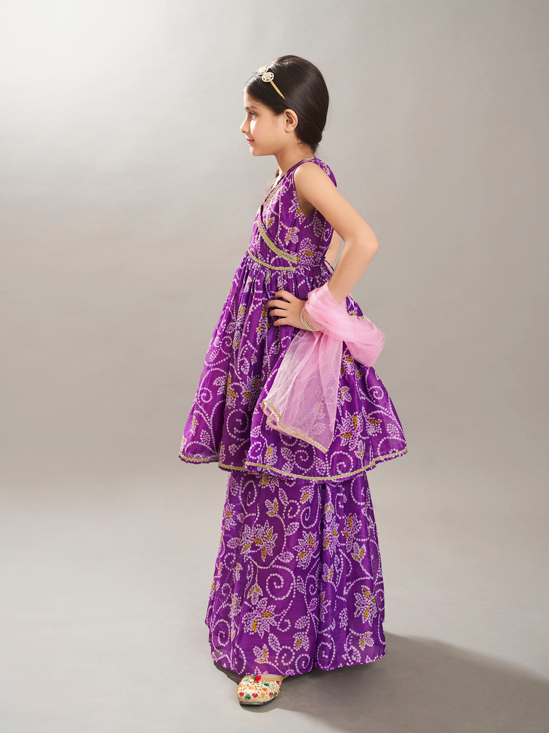 girls purple angrakha gotta patti kurta with sharara with dupatta
