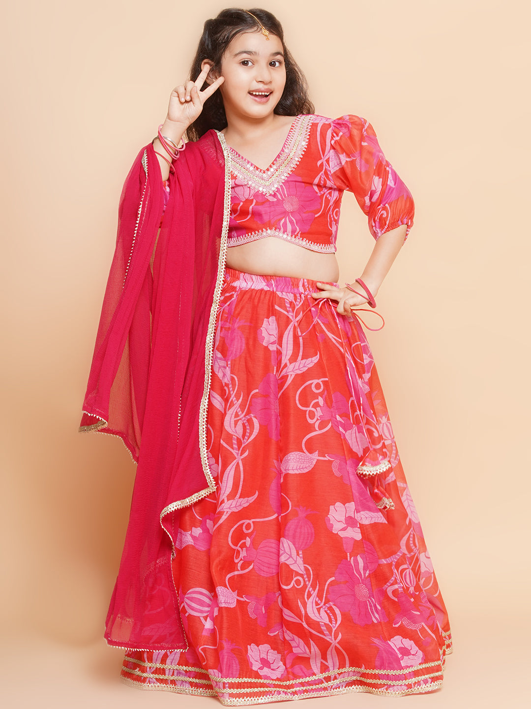 girls red pink digital flower print lace work choli lehenga with dupatta