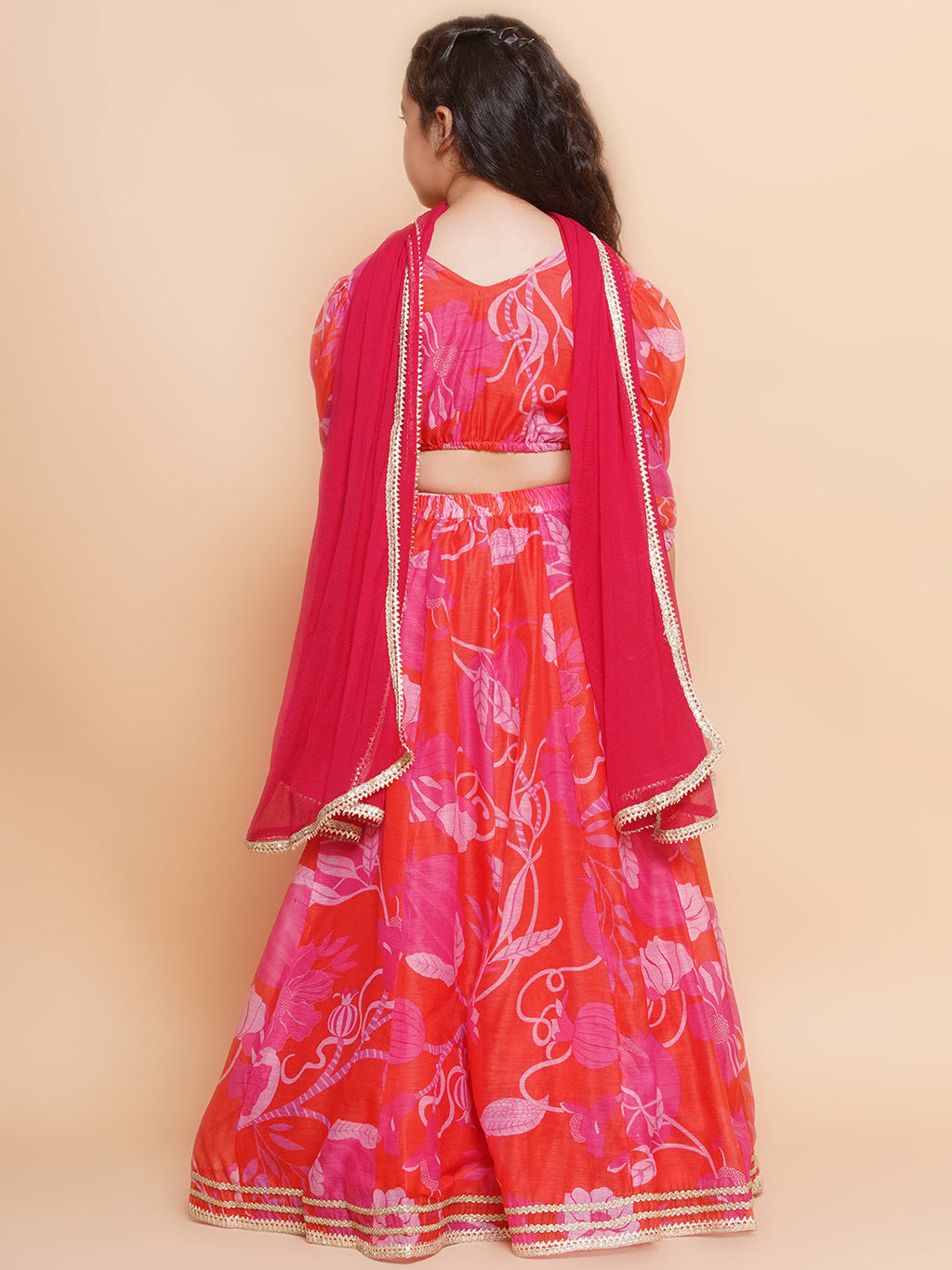 girls red pink digital flower print lace work choli lehenga with dupatta