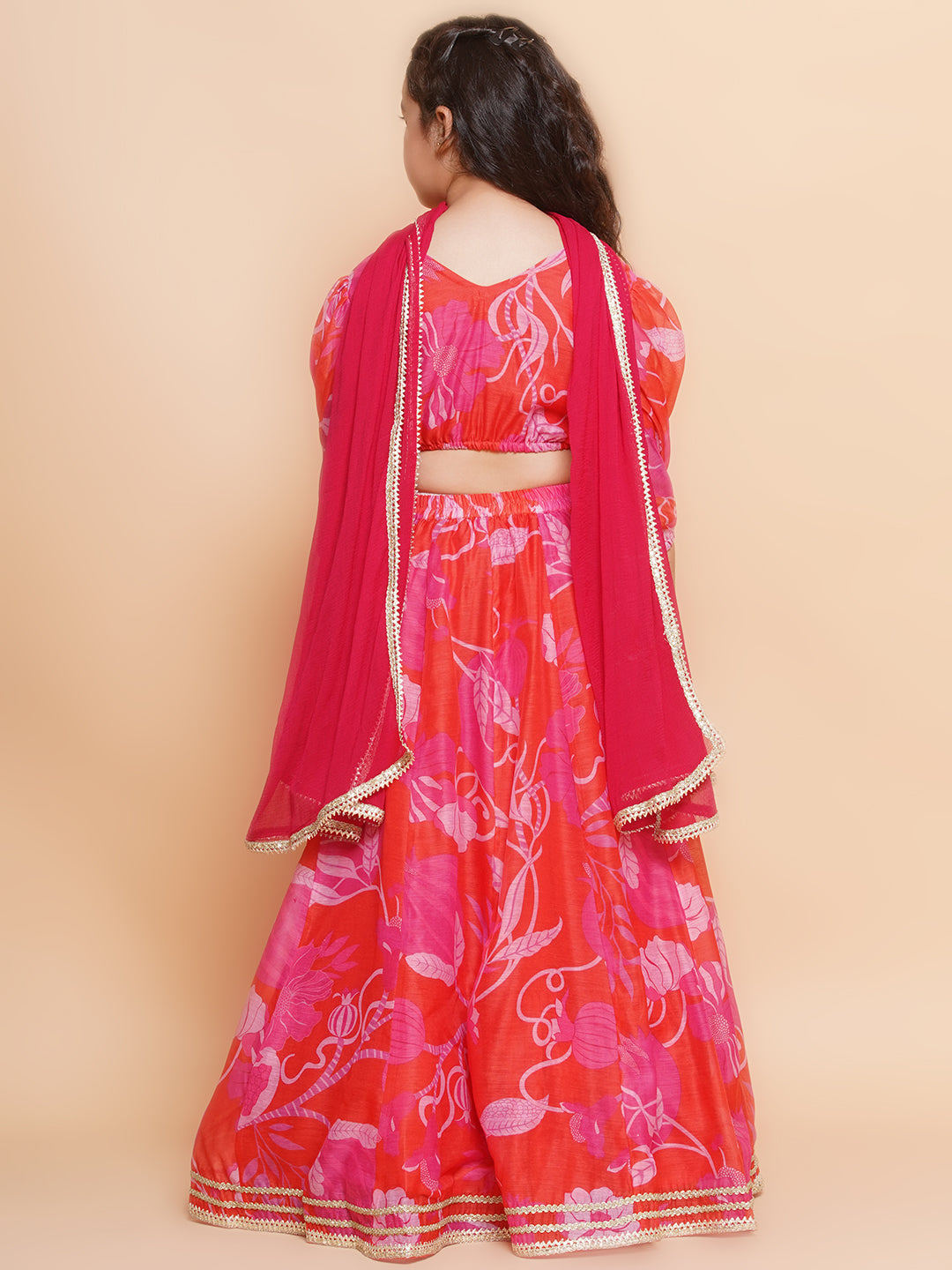 girls red pink digital flower print lace work choli lehenga with dupatta