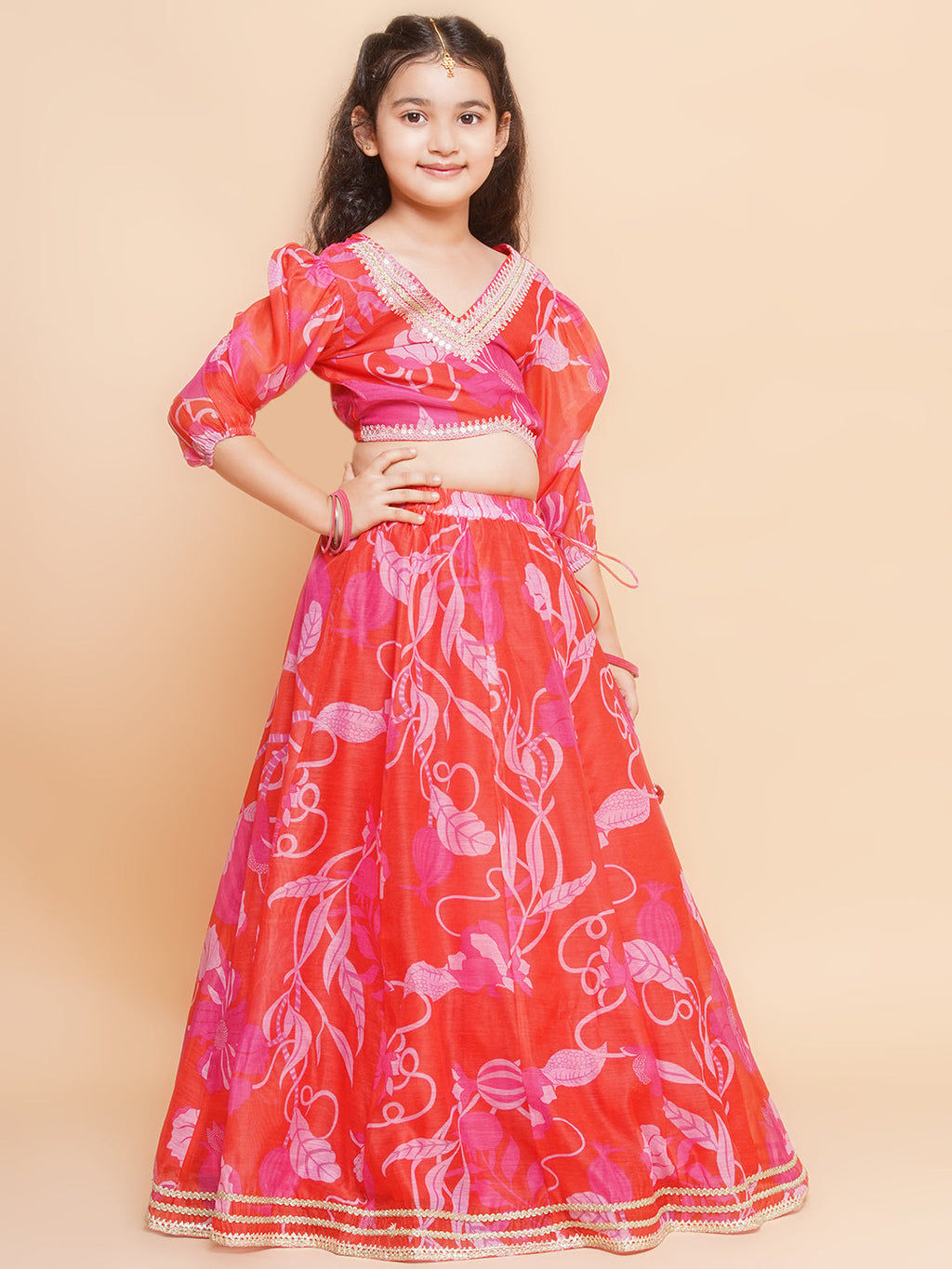 girls red pink digital flower print lace work choli lehenga with dupatta