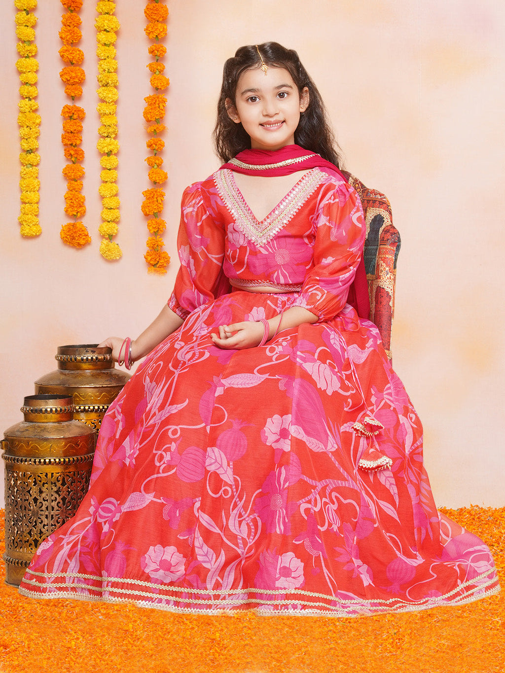 girls red pink digital flower print lace work choli lehenga with dupatta