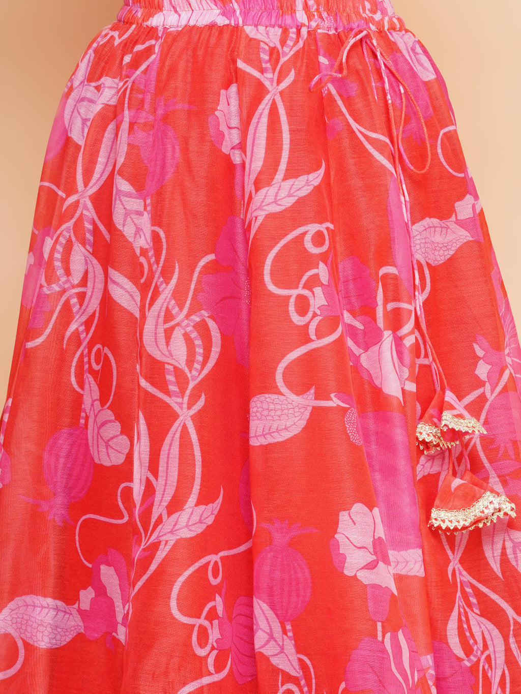 girls red pink digital flower print lace work choli lehenga with dupatta