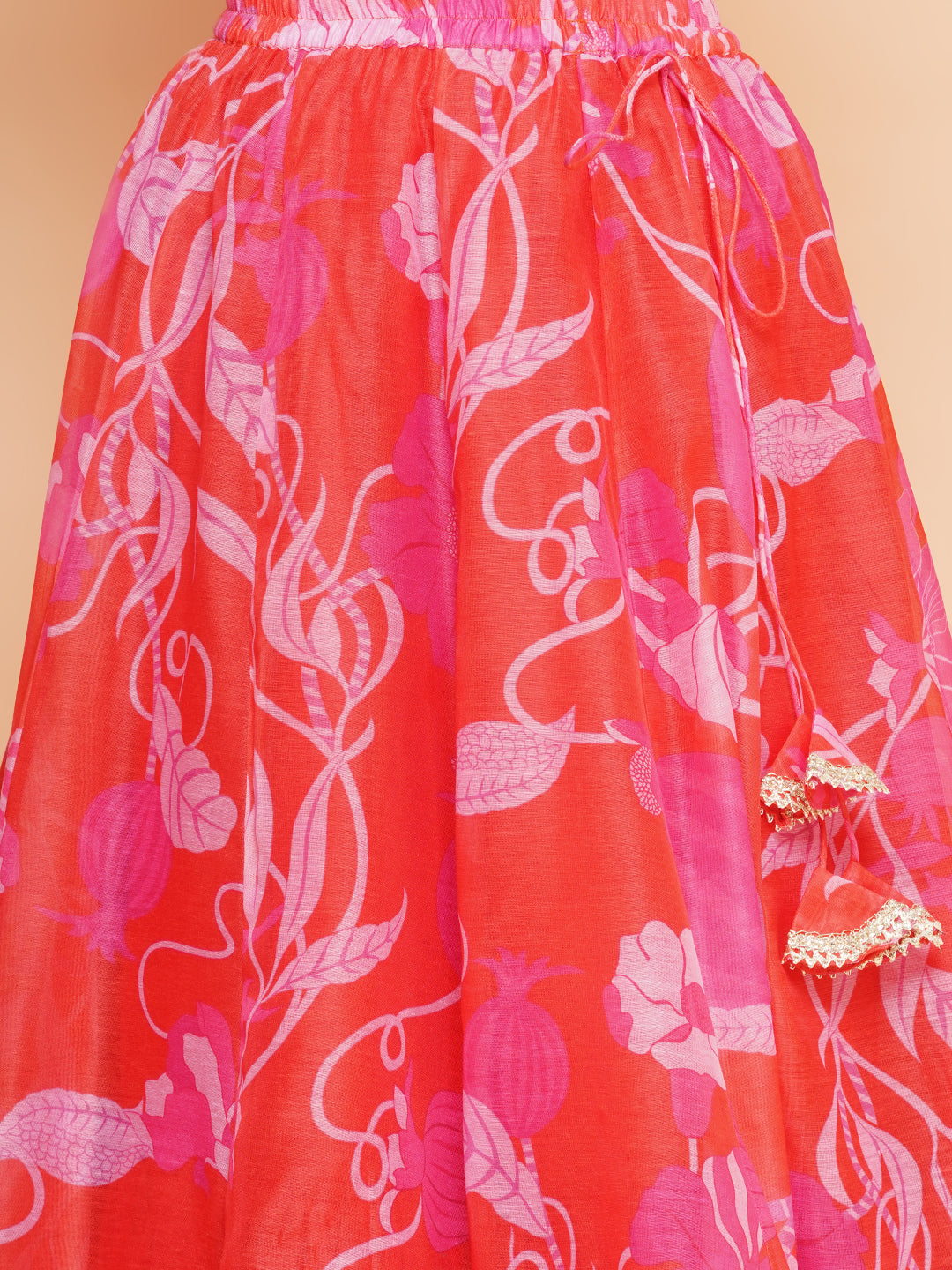 girls red pink digital flower print lace work choli lehenga with dupatta