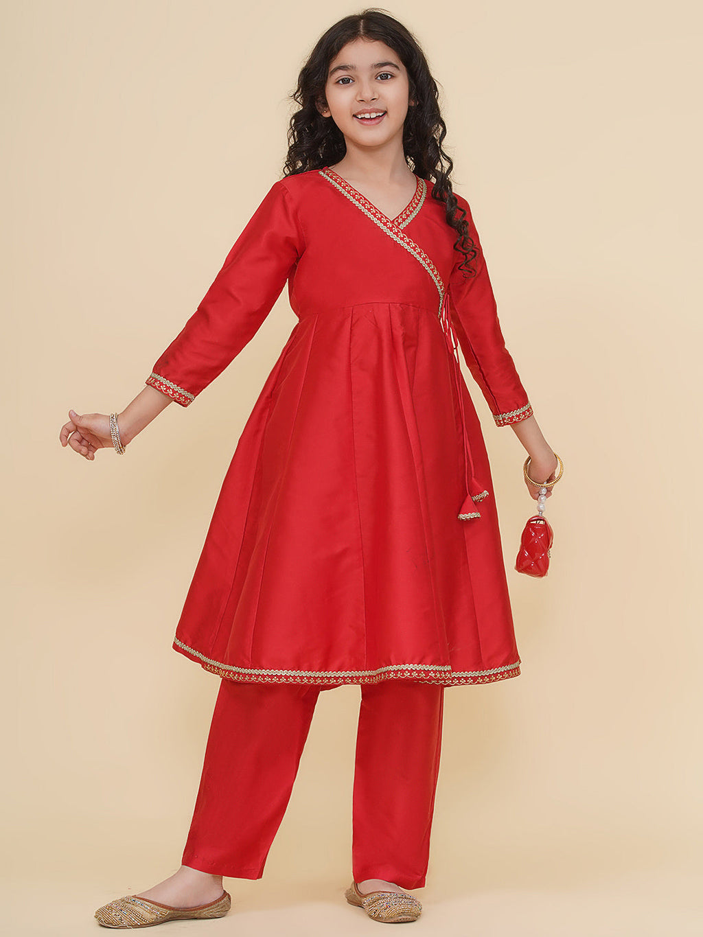 girls red angrakha kurta with trousers