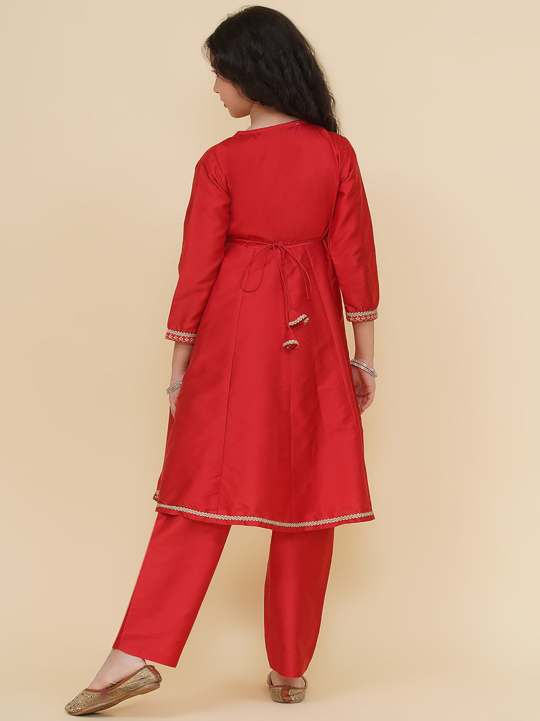 girls red angrakha kurta with trousers