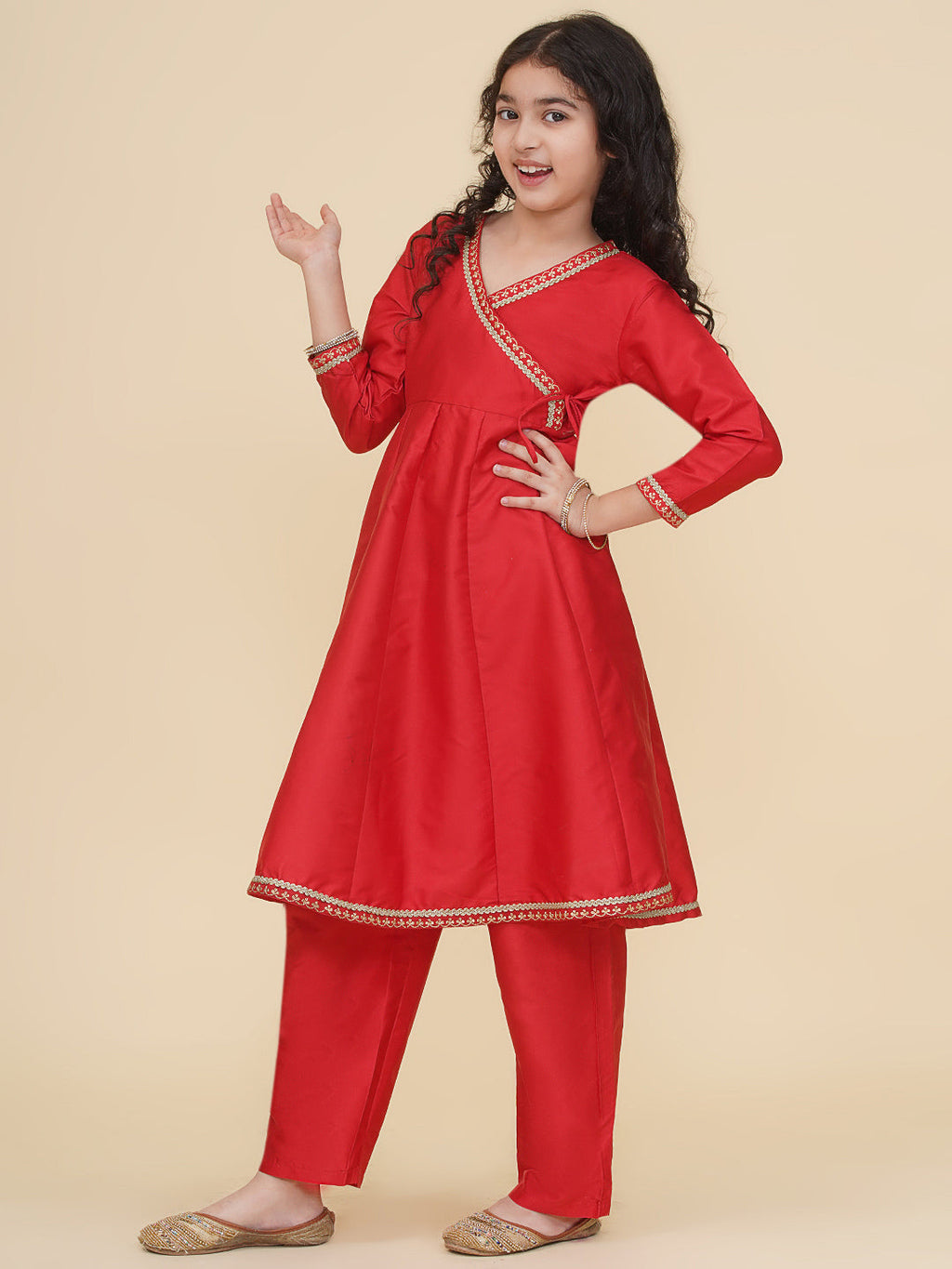 girls red angrakha kurta with trousers
