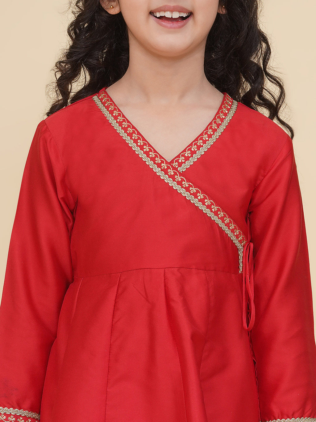 girls red angrakha kurta with trousers