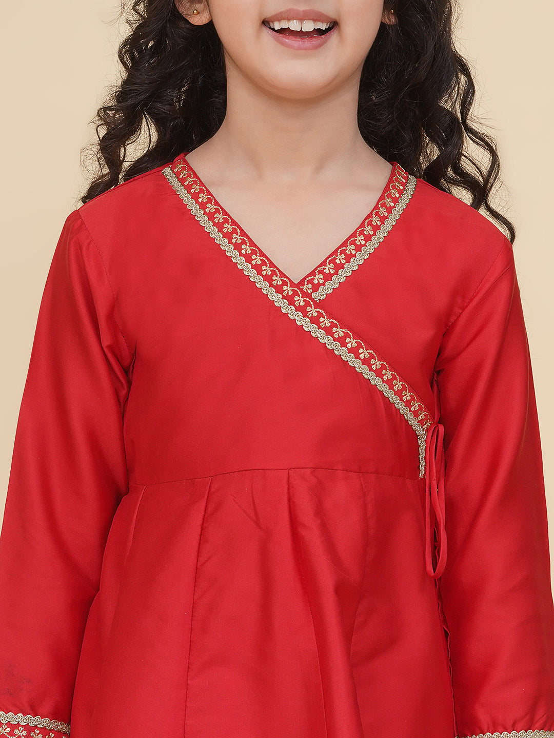 girls red angrakha kurta with trousers