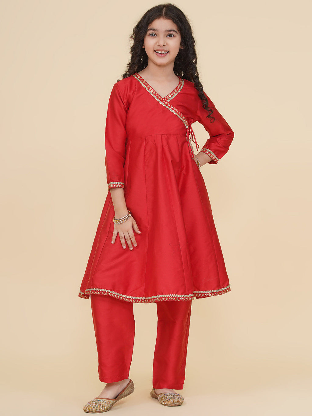 girls red angrakha kurta with trousers