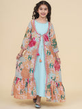girls sea green multi digital print maxi jacket dress