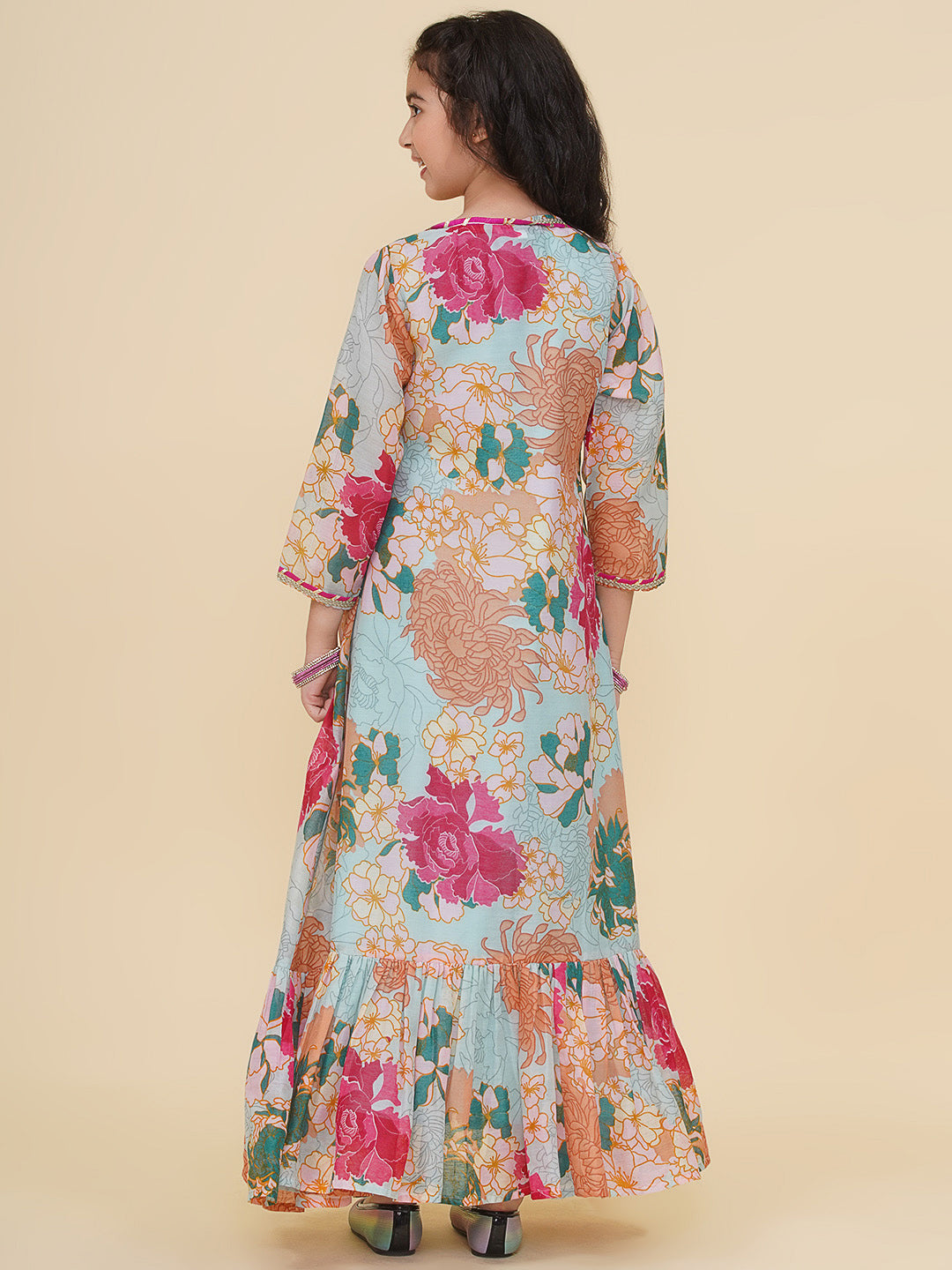 girls sea green multi digital print maxi jacket dress