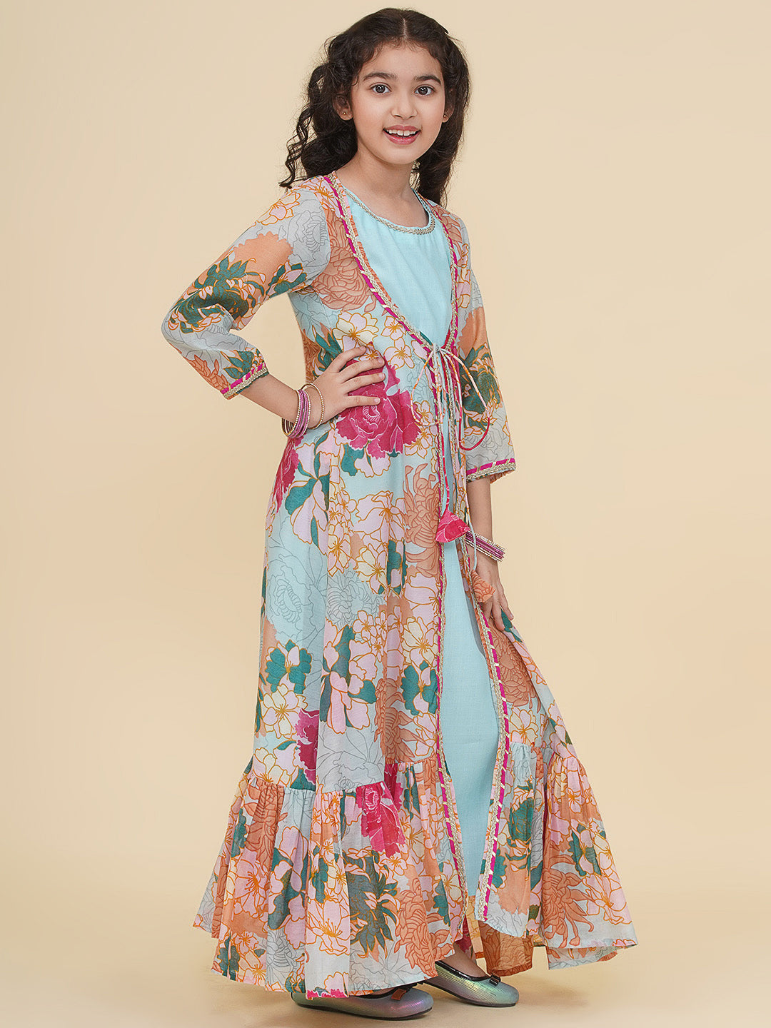 girls sea green multi digital print maxi jacket dress