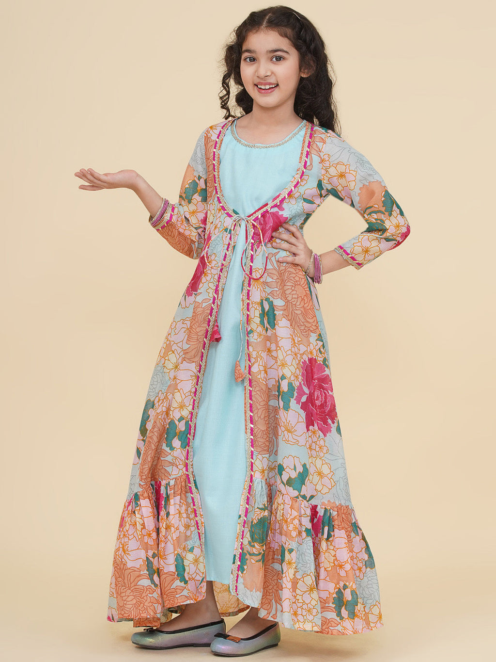 girls sea green multi digital print maxi jacket dress