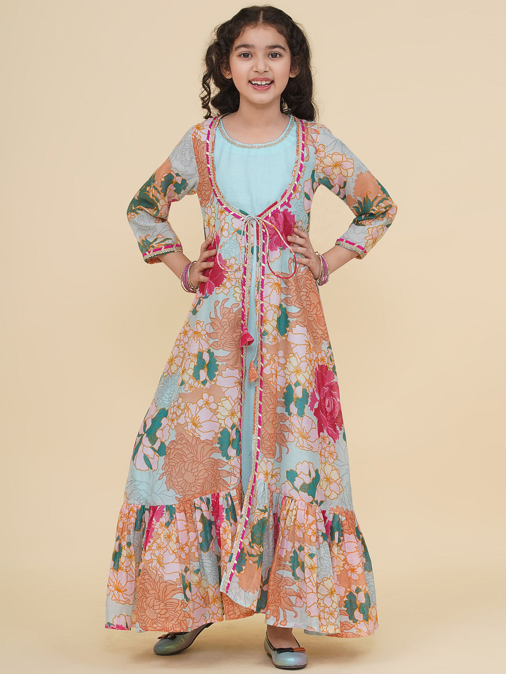 girls sea green multi digital print maxi jacket dress