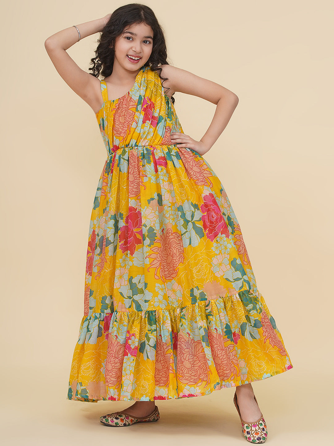 girls yellow multi digital print maxi dress