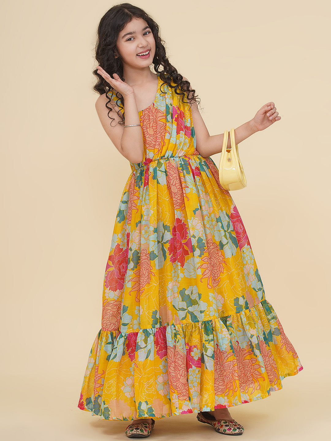 girls yellow multi digital print maxi dress