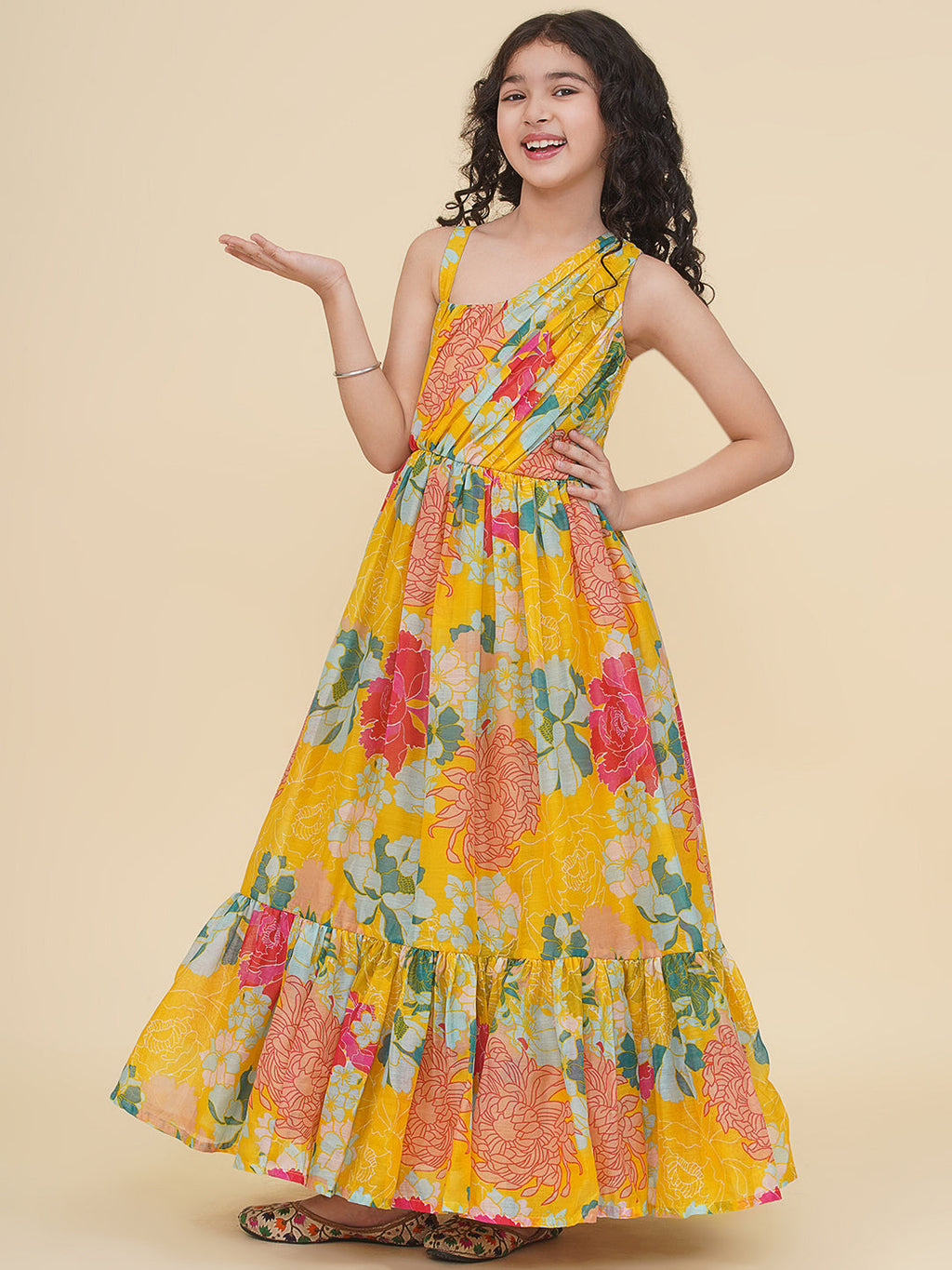 girls yellow multi digital print maxi dress
