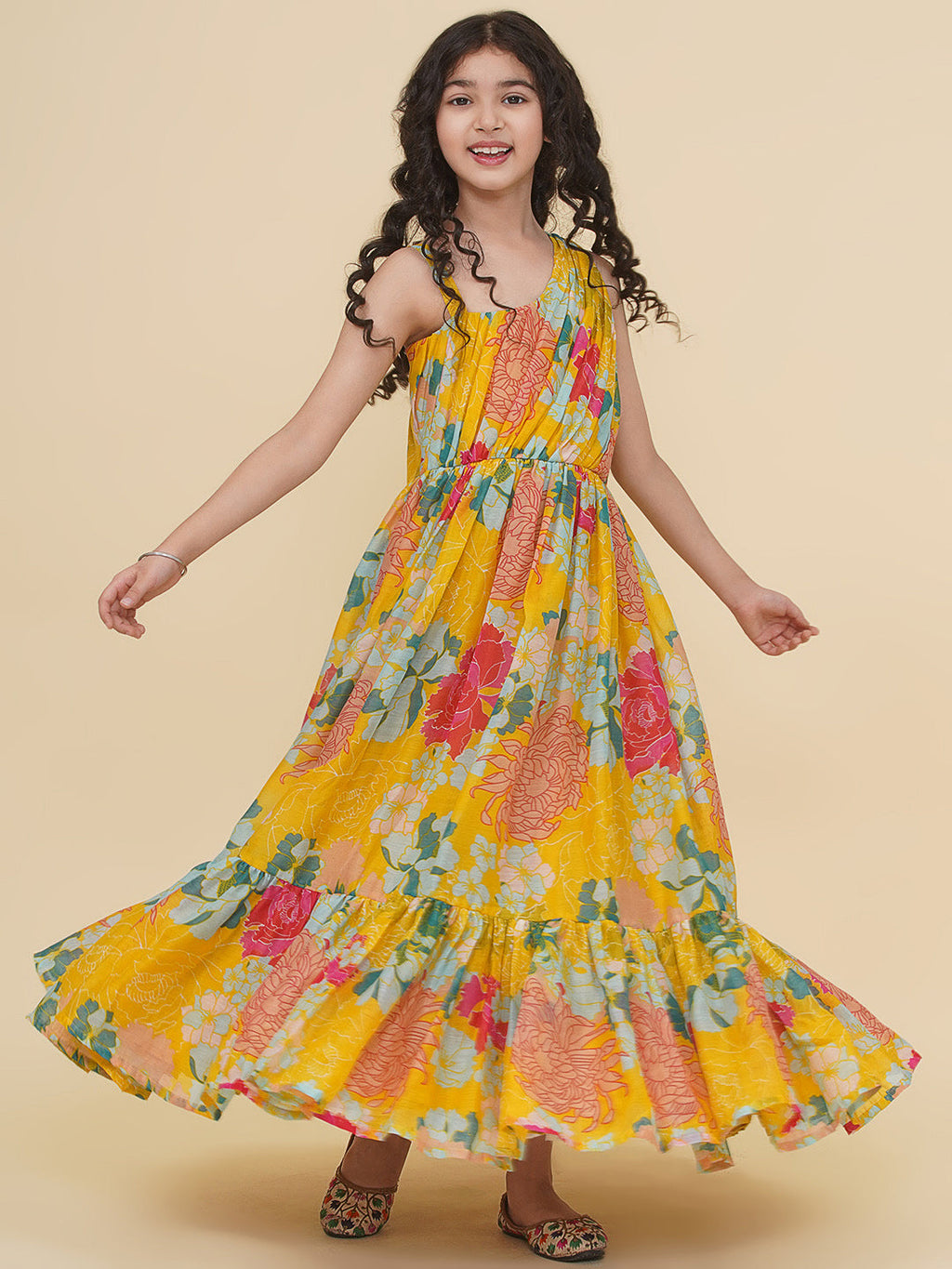 girls yellow multi digital print maxi dress