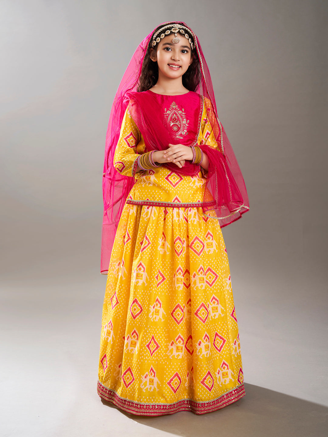 girls yellow pink digital print ready to wear lehenga with choli