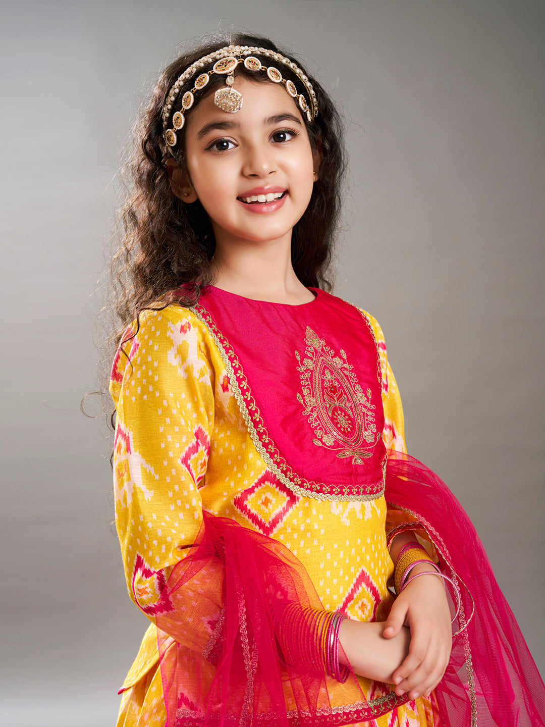 girls yellow pink digital print ready to wear lehenga with choli