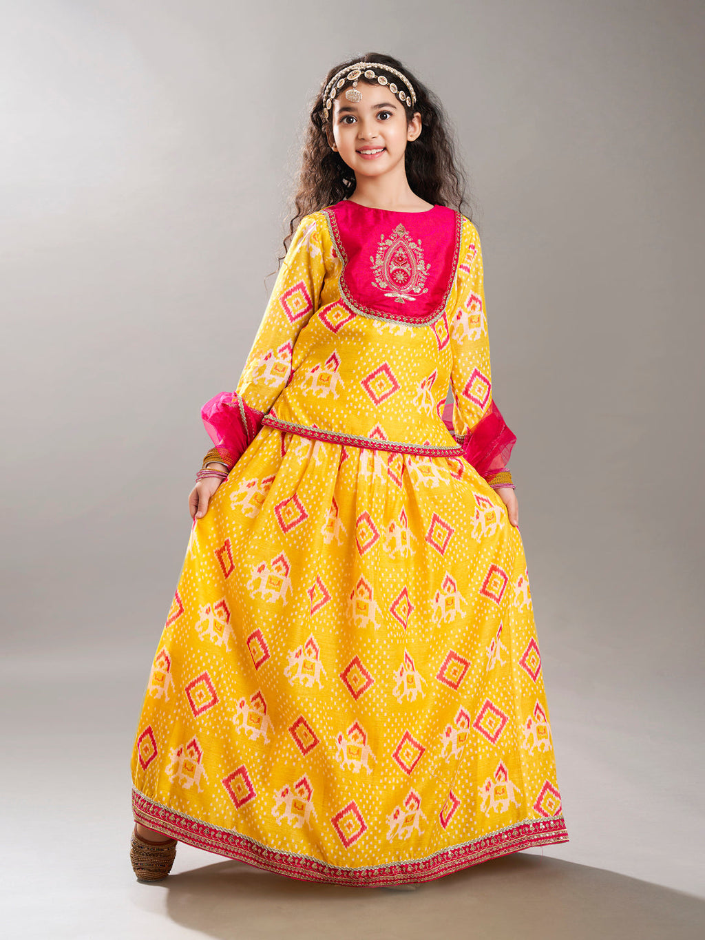 girls yellow pink digital print ready to wear lehenga with choli
