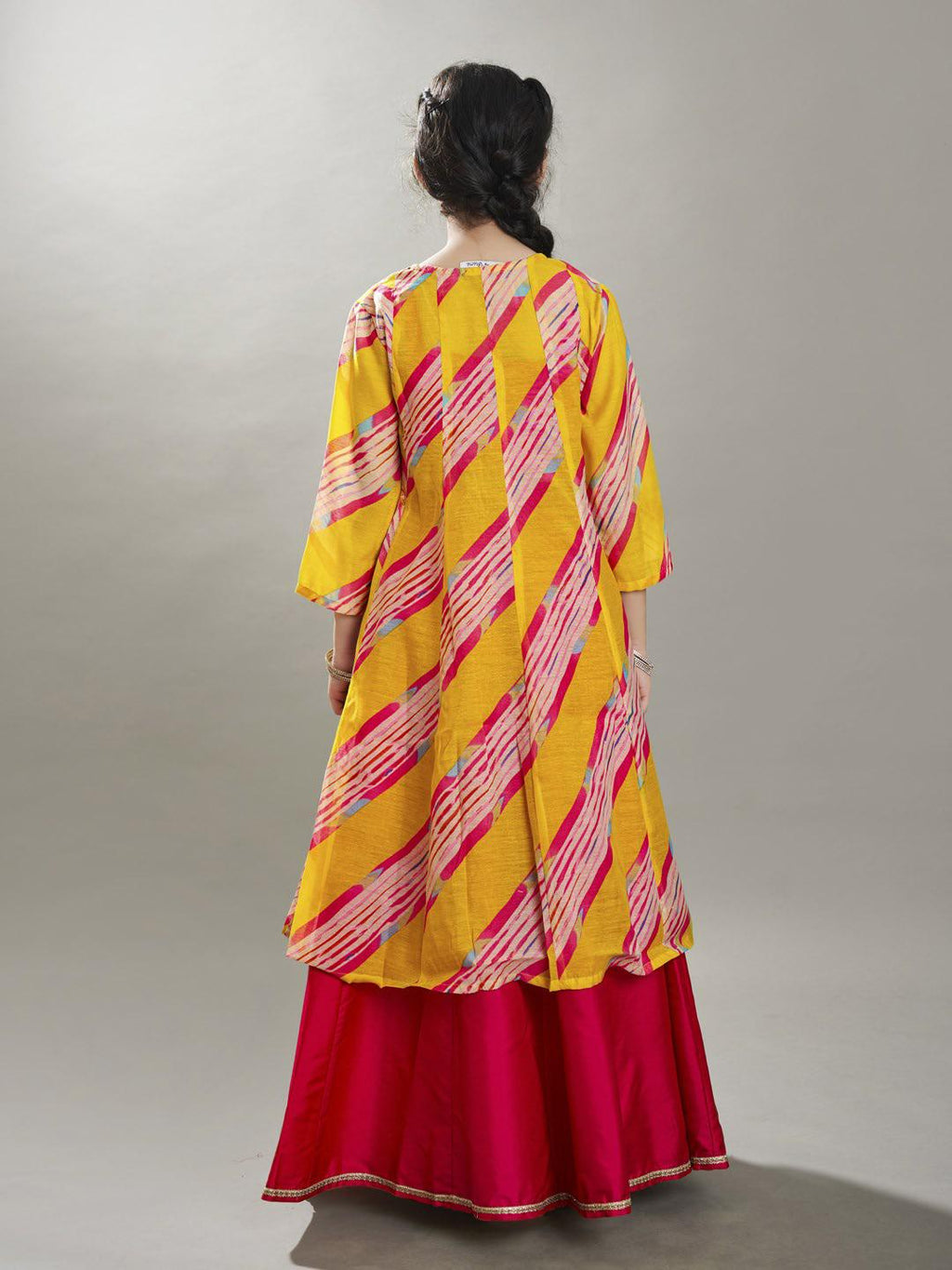 girls yellow pink lehariya digital print ready to wear lehenga with kurta