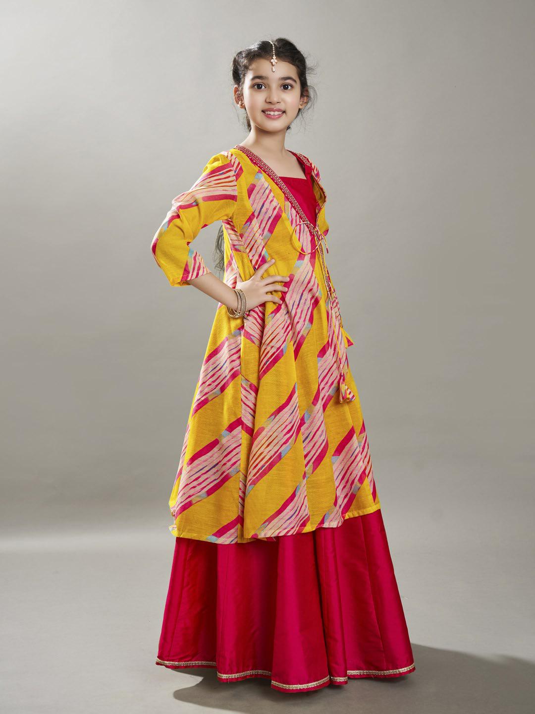 girls yellow pink lehariya digital print ready to wear lehenga with kurta