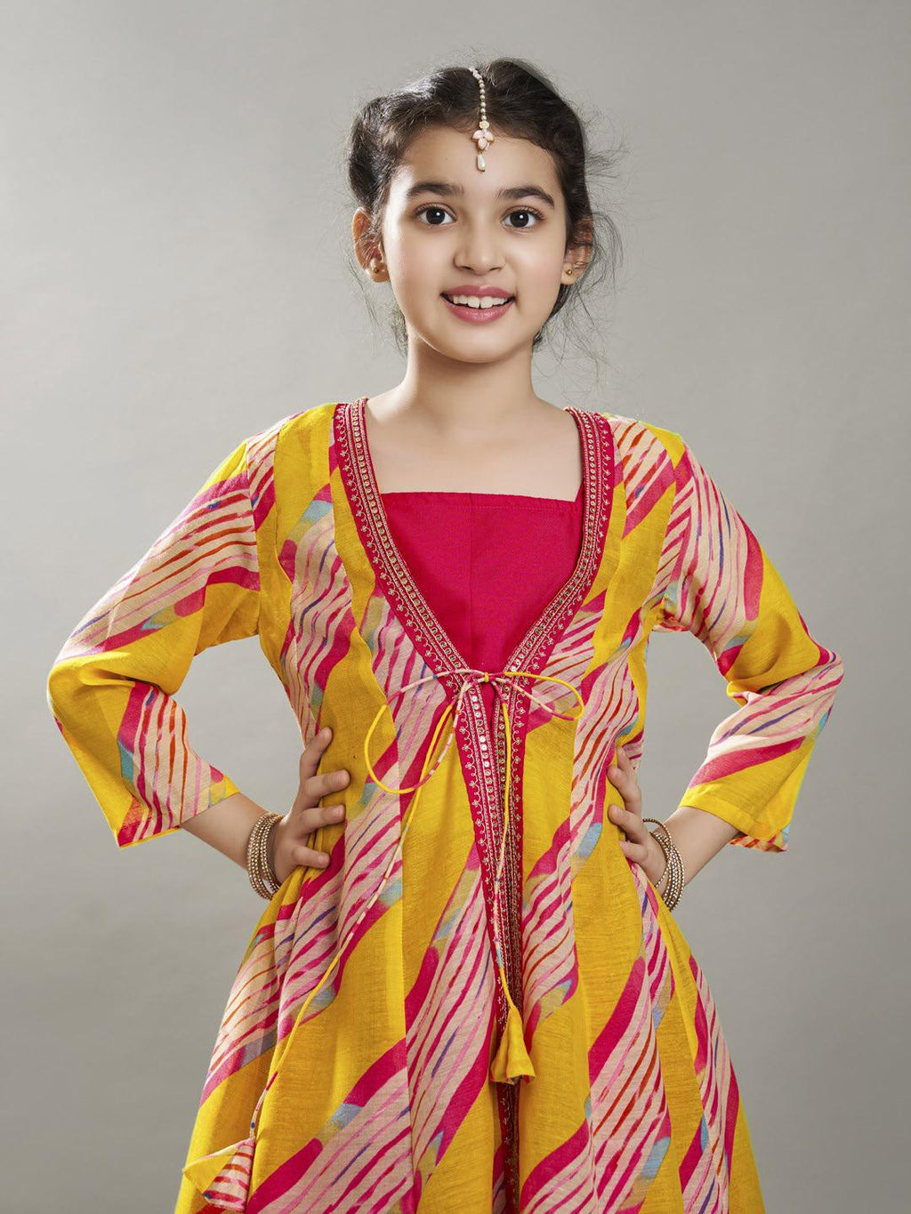 girls yellow pink lehariya digital print ready to wear lehenga with kurta