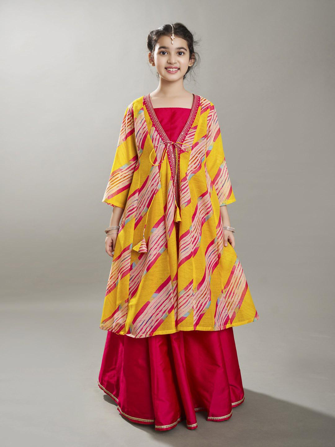 girls yellow pink lehariya digital print ready to wear lehenga with kurta