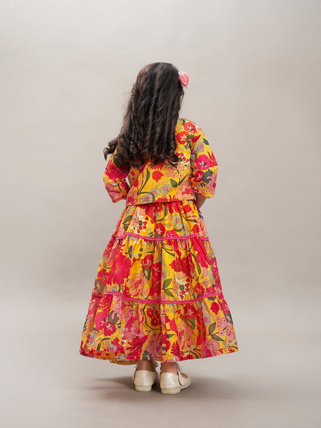 girls yellow red printed gown dress