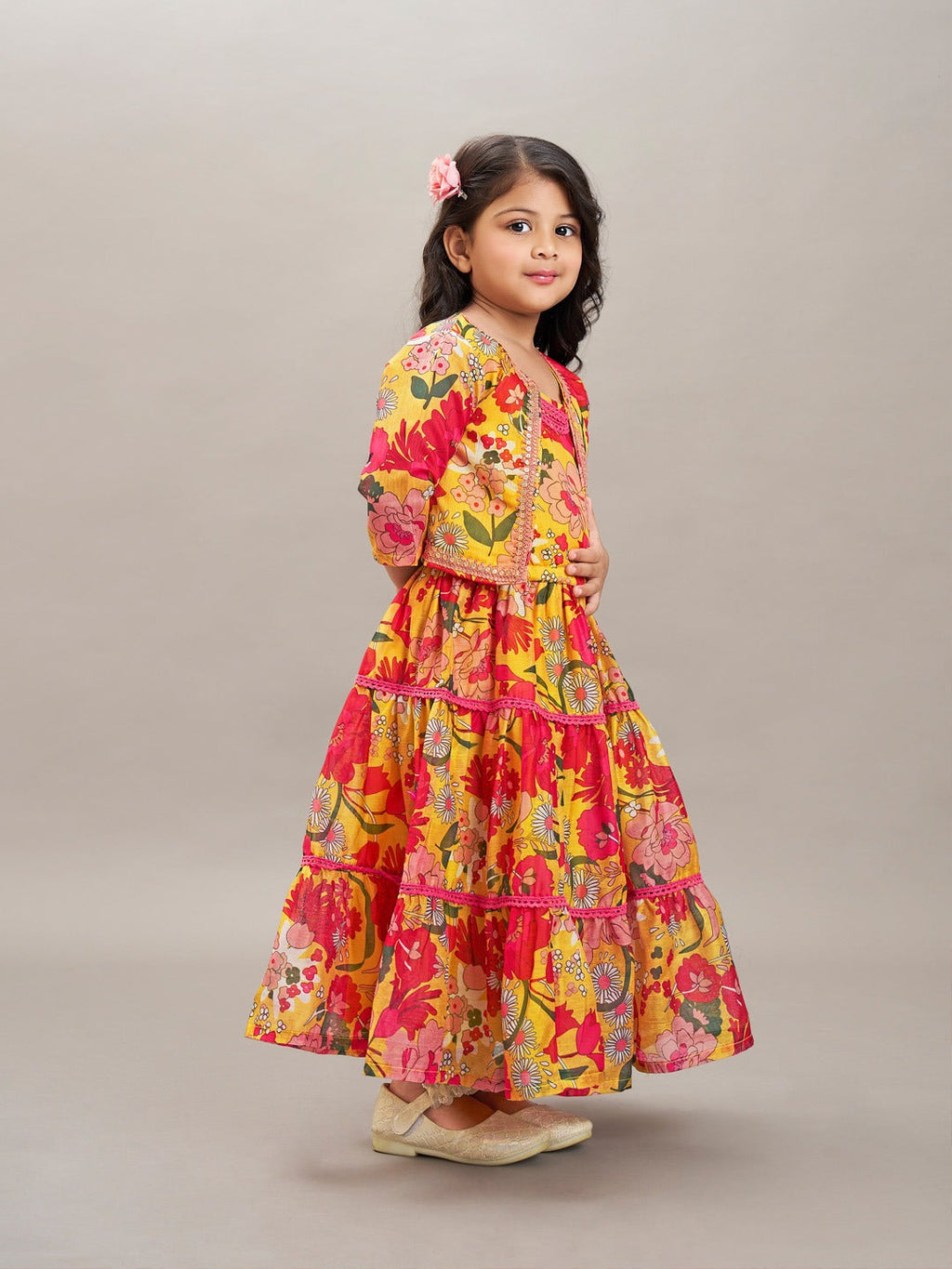 girls yellow red printed gown dress