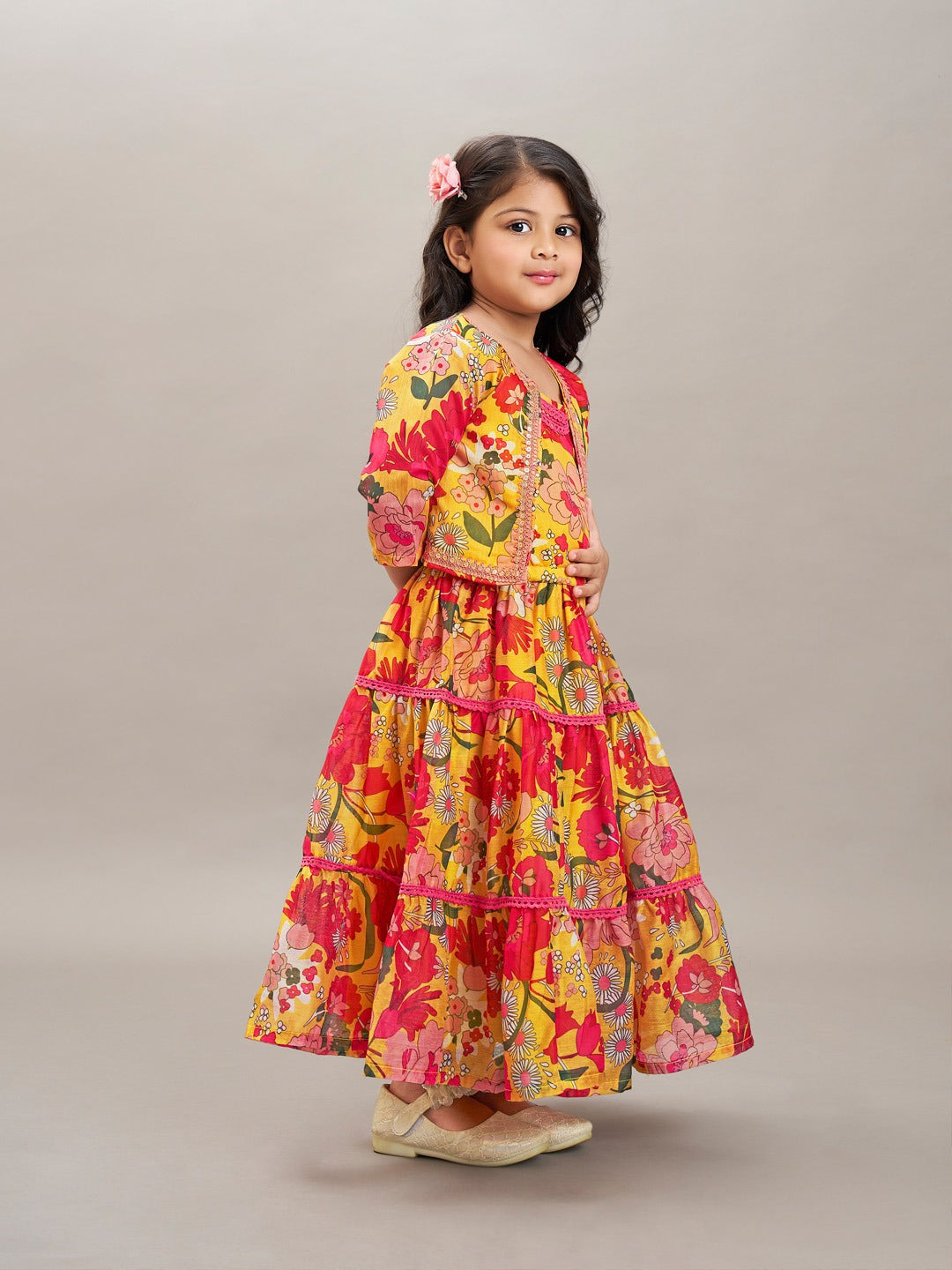 girls yellow red printed gown dress