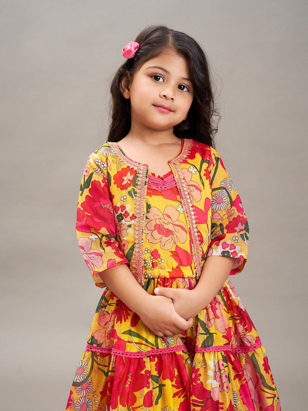 girls yellow red printed gown dress