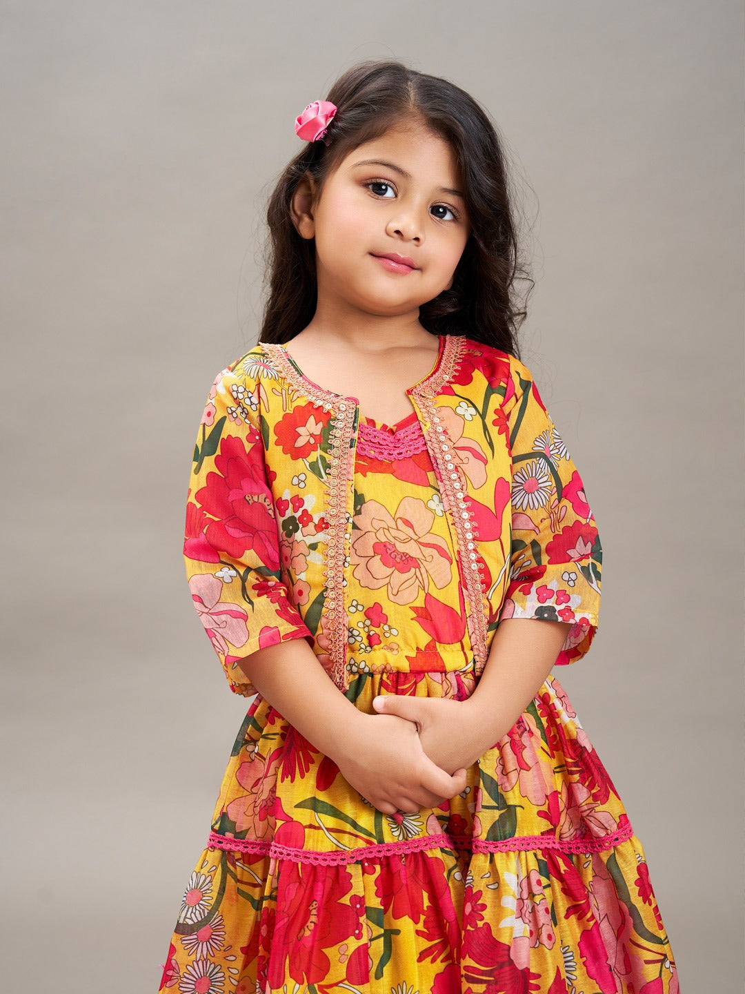 girls yellow red printed gown dress