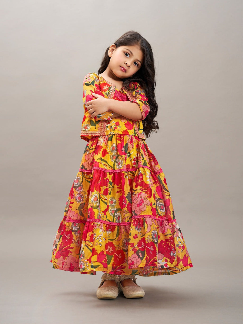 girls yellow red printed gown dress