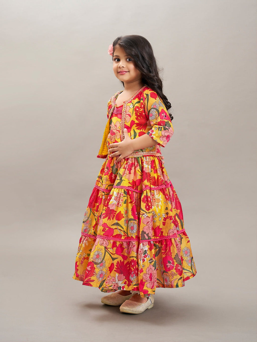 girls yellow red printed gown dress