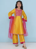 girls yellow a line kurta with trousers dupatta